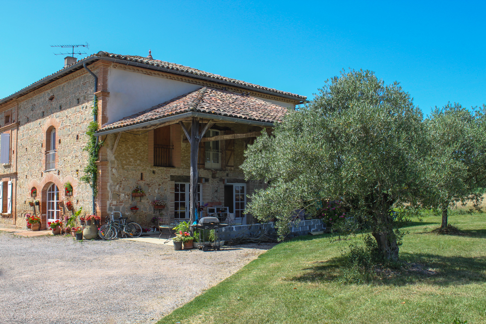 les bourdoncles serena vue extérieur du gite vaste terrasse ombragée olivier sud de la france provence tarn