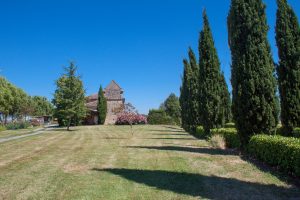 allée de cyprès avec pigeonnier